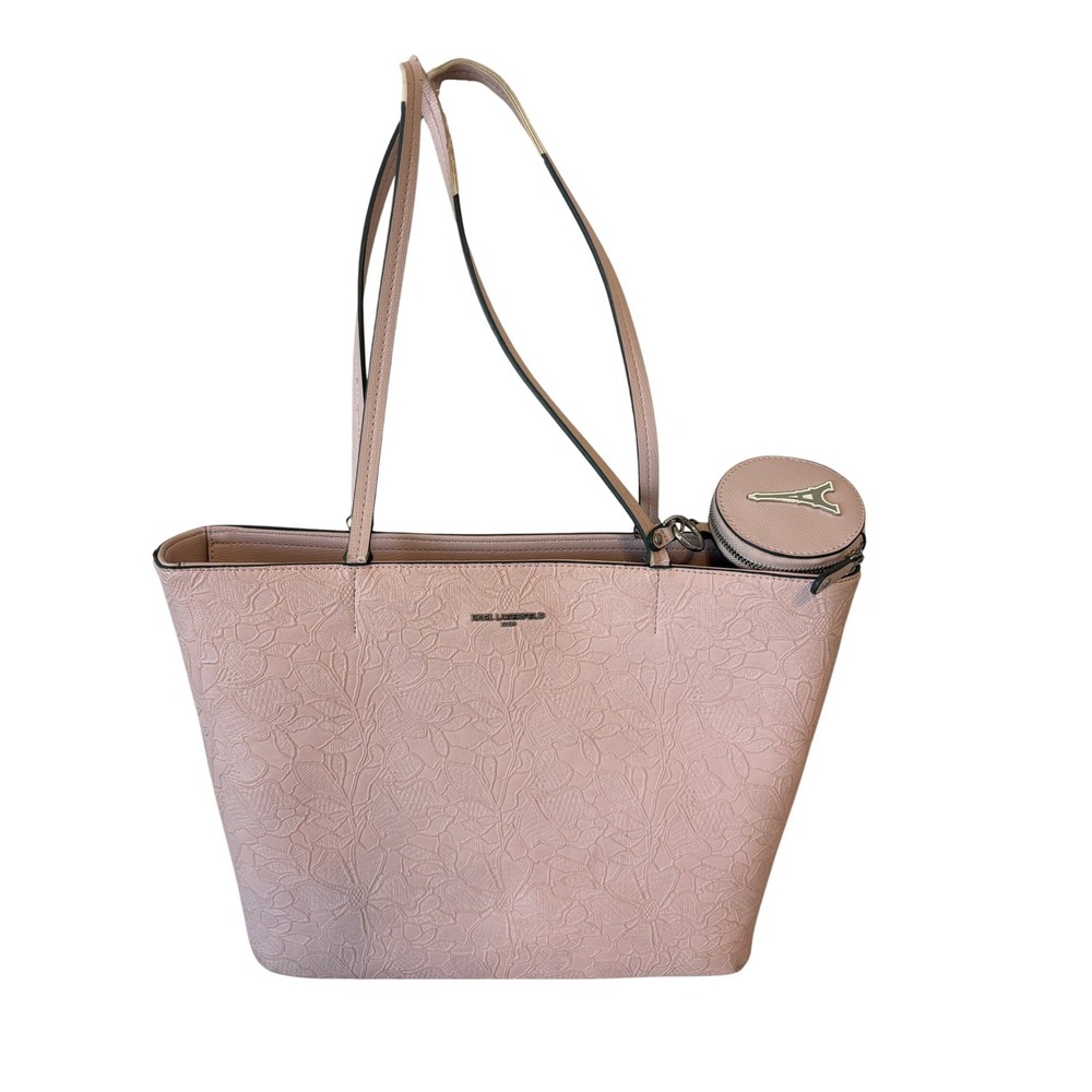 Karl Lagerfeld Paris Blush Pink Floral Lace Embossed Tote Bag with Coin Purse